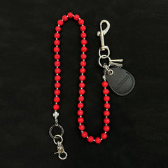 Red Beaded Wallet Chain Womens White Lavastone Long Bead Wallet Chain with Keyring - iChainWallets