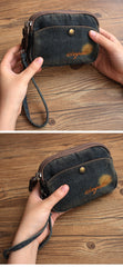 Vintage Womens Blue Denim Wristlet Card Purse Denim Wristlet Coin Key Wallet for Women