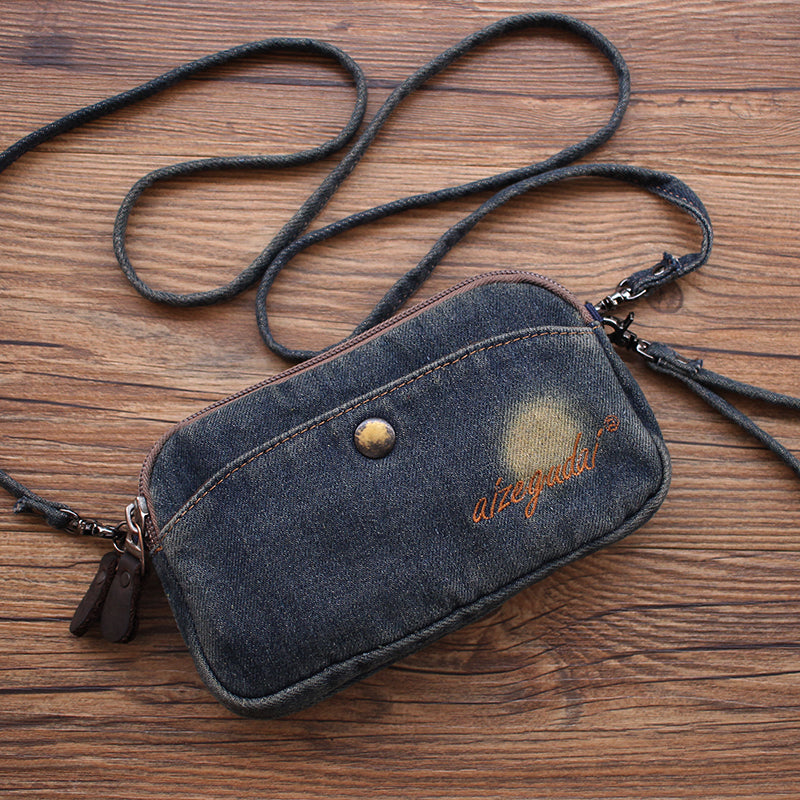 Vintage Womens Blue Denim Phone Shoulder Bag Denim Crossbody Purse for Women