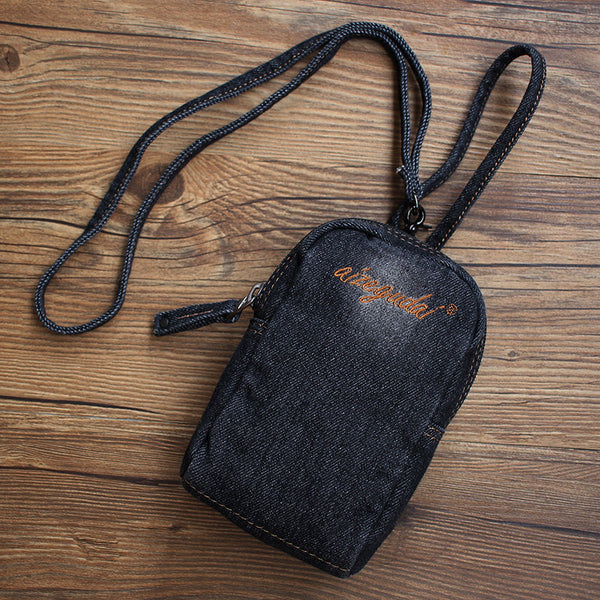 Vintage Womens Black Denim Mini Pouch with Wristlet Denim Small Phone Purse for Women