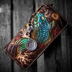 Handmade Leather Tooled Carp Mens Chain Biker Wallet Cool Leather Wallet Long Phone Wallets for Men