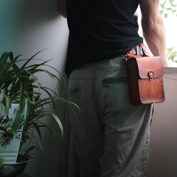 Handmade Leather Belt Pouch Mens Brown Waist Bag CIGARETTE Pouch for Men - iwalletsmen