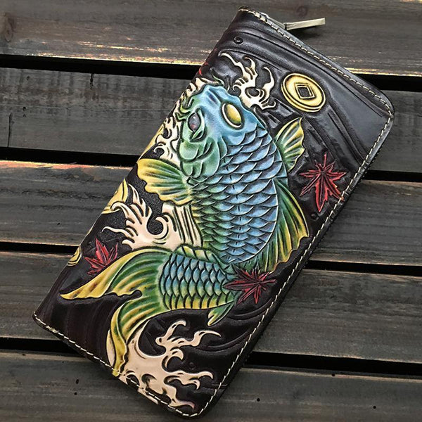 Black Handmade Tooled Leather Double Carp Clutch Long Wallet Zipper Wallet For Men - iwalletsmen