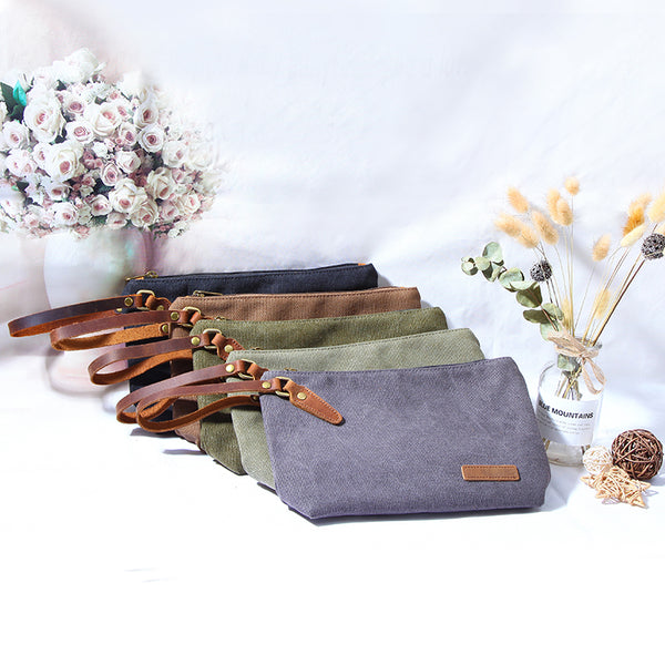Canvas Leather Mens Small Black Storage Bag Green Clutch Bag Brown Envelope Bag for Men - iwalletsmen
