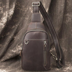 Simple Black Leather Sling Backpack Mens Sling Bag Vintage Sling Pack For Men - iwalletsmen