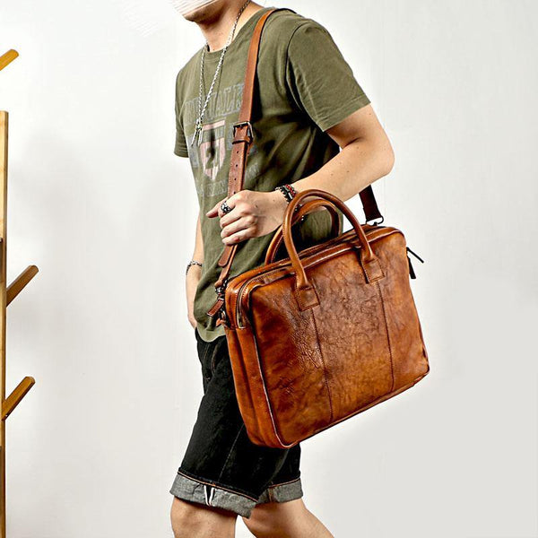 Vintage Brown Mens Leather Briefcase Work Handbag Black 14'' Computer Briefcases For Men - iwalletsmen