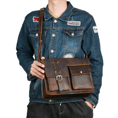 Brown Leather Messenger Bag Men's Vintage 12‘’ Side Bag Courier Bag For Men