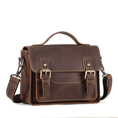 Coffee Small Leather Satchel Side Bag 8 inches Messenger Bag Crossbody Purse for Men