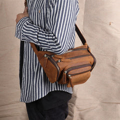 Brown Leather Fanny Packs Bulky Waist Bags Mens Hip Packs Bum Bags for Men