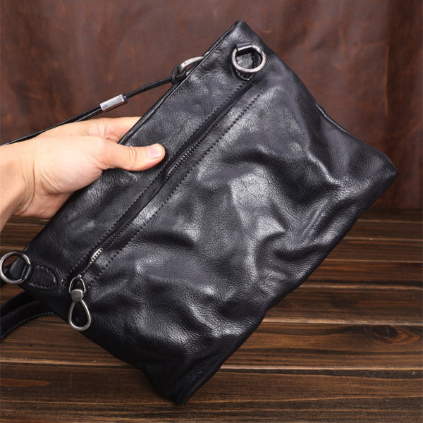 Black Leather Mens Wristlet Bag Clutch Wrinkled Slim Messenger Bag Side Bag for Men