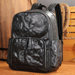 Black Leather Mens Backpack 15'' Laptop Rucksack Wrinkle School Backpack For Men