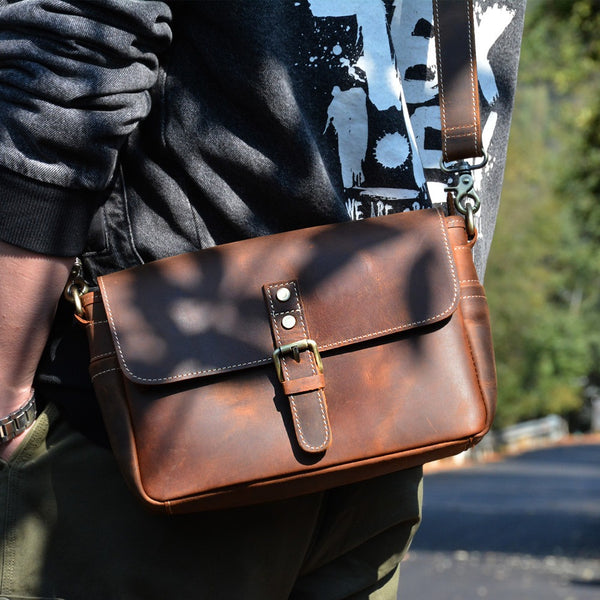 Vintage Brown Leather iPad Side Bag Messenger Bags Small Crossbody Purse for Men