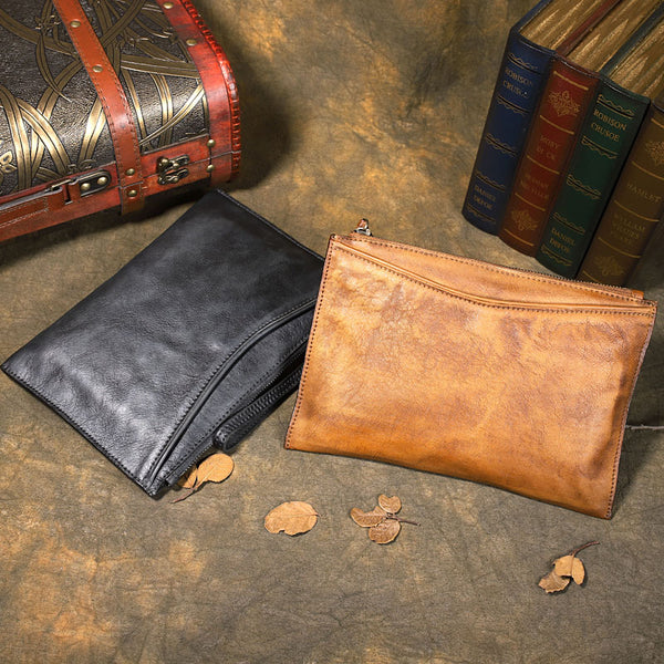 Handmade Leather Mens Brown Long Leather Wallet Wristlet Bag Envelope Bag Clutch Wallet for Men - iwalletsmen