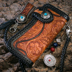 Handmade Mens Cool Tooled Floral Leather Chain Wallet Biker Trucker Wallet with Chain - iwalletsmen