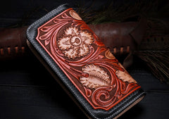 Handmade Leather Mens Clutch Wallet Cool Floral Tooled Wallet Long Zipper Wallets for Men