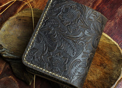 Handmade Leather Floral Mens Cool Slim Leather Wallet Men billfold Wallets Bifold for Men