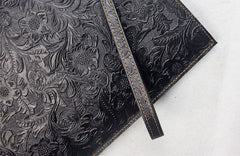 Handmade Leather Floral Tooled Mens Clutch Cool Slim Wallet Zipper Clutch Wristlet Wallet for Men