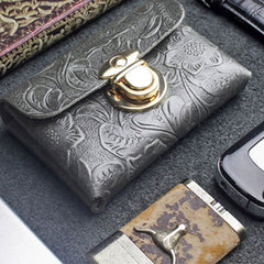 Handmade Leather Floral Mens Cool billfold Wallet Card Holder Small Card Slim Wallets for Men