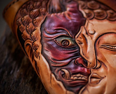Handmade Leather Mens Clutch Wallet Cool Buddha&Demon Tooled Wallet Long Zipper Wallets for Men