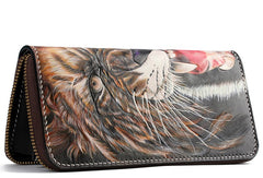 Handmade Leather Tooled Tiger Mens Chain Zipper Biker Wallet Cool Leather Wallet Long Phone Wallets for Men