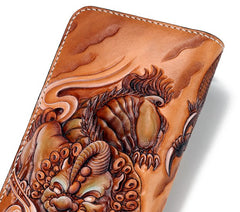 Handmade Leather Tooled Chinese Dragon Tiger Mens Chain Biker Wallet Cool Leather Wallet Zipper Long Phone Wallets for Men