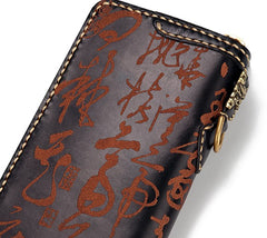 Handmade Leather Mens Chain Chinese Handwriting Biker Wallet Cool Leather Wallet Long Phone Wallets for Men