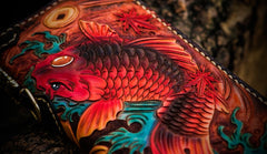 Handmade Leather Tooled Carp Mens Chain Biker Wallet Cool Leather Wallet Long Phone Wallets for Men
