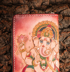 Handmade Leather Mens Clutch Wallet Tooled Cool Ganesha Wallet Long Zipper Wallets for Men