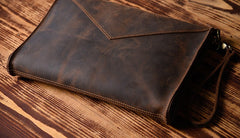 Handmade Leather Mens Clutch Cool Slim BagZipper Clutch Wristlet Wallet for Men