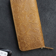 Handmade Leather Floral Mens Cool Travel Long Wallet Card Holder Card Slim Clutch Wallets for Men