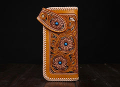 Handmade Mens Cool Tooled Floral Leather Chain Wallet Biker Trucker Wallet with Chain