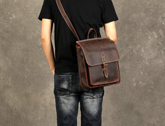 Genuine Leather Mens Cool Backpack Sling Bag Messenger Bag Coffee Travel Bag Hiking Bag for men