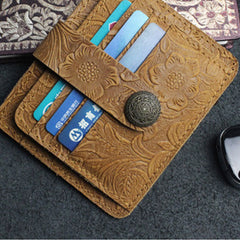 Handmade Leather Floral Mens Cool Front Pocket Wallet billfold Wallet Card Holder Small Card Slim Wallets for Men