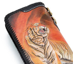 Handmade Leather Tooled Chinese Dragon Tiger Mens Chain Biker Wallet Cool Leather Wallet Long Clutch Wallets for Men