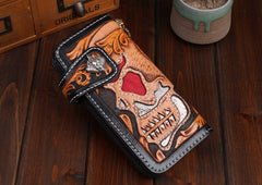 Handmade Leather Skull Mens Chain Biker Wallet Cool Leather Wallet Long Tooled Wallets for Men