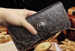 Handmade Leather Floral Mens Cool Travel Long Wallet Card Holder Card Slim Clutch Wallets for Men