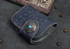 Handmade Leather Floral Mens Cool Biker Wallet Leather Wallet Men billfold Wallets Bifold for Men
