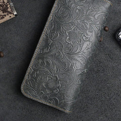 Handmade Leather Floral Mens Cool Travel Long Wallet Card Holder Card Slim Clutch Wallets for Men