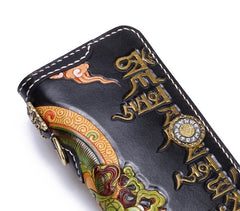 Handmade Leather Tooled Yellow Jambhala Mens Chain Biker Wallet Cool Leather Wallet Zipper Long Phone Wallets for Men