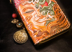Handmade Leather Tooled Buddha Mens Chain Biker Wallet Cool Leather Wallet Long Phone Wallets for Men