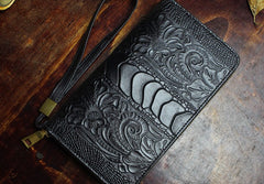 Handmade Leather Mens Tooled Floral Cool Zipper Phone Travel Long Wallet Card Holder Card Slim Clutch Wallets for Men