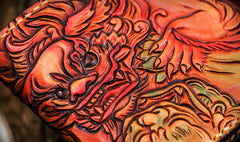 Handmade Leather Chinese Lion Tooled Mens billfold Wallet Cool Leather Wallet Slim Wallet for Men