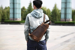 Genuine Leather Mens Cool Chest Bag Sling Bag Crossbody Bag Travel Bag Hiking Bag for men