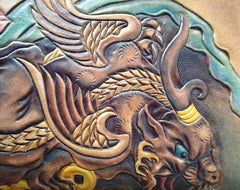 Handmade Leather Chinese Lion Tooled Mens Long Wallet Cool Leather Wallet Clutch Wallet for Men
