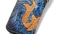 Handmade Leather Carp Mens Chain Biker Wallet Cool Leather Wallet Long Phone Wallets for Men