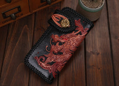 Handmade Mens Cool Tooled Chinese Dragon Leather Chain Wallet Biker Trucker Wallet with Chain