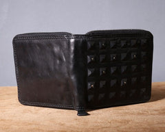 Genuine Leather Mens Cool billfold Leather Wallet Men Zipper Wallet Bifold for Men