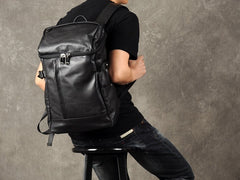 Genuine Leather Mens Cool Backpack Sling Bag Large Black Travel Bag Hiking Bag for men