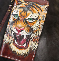 Handmade Leather Tiger Tooled Mens Chain Biker Wallet Cool Leather Wallet Long Phone Wallets for Men