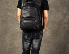 Genuine Leather Mens Cool Backpack Sling Bag Large Black Travel Bag Hiking Bag for men